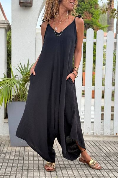 Güneşkızı Black Shoulder Tie Pocket Cotton Loose Woven Jumpsuit 135 60