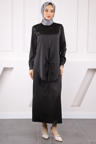 İmajButik Μαύρη μπροστινή γραβάτα τουνίκ φούστα σατέν κοστούμι