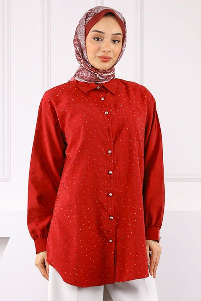 İmajButik Burgundy Stone Buttoned Modal Shirt