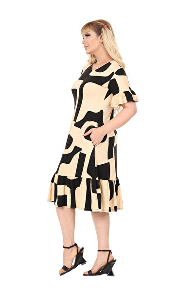 MELSAY Women's Beige Large Size Short Sleeve Skirt Ruffled Picasso Pattern Midi Dress