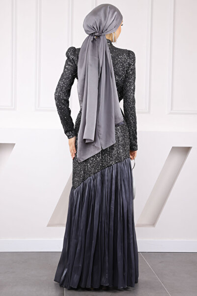 İmajButik Smoked Sequined Skirt Pleated Evening Dress