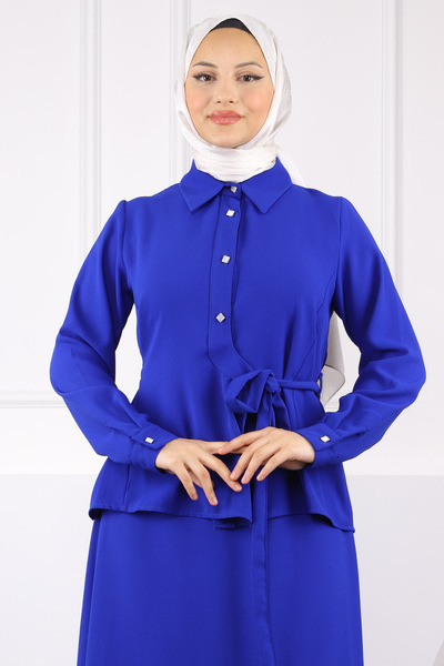 İmajButik Saks Blue Side Tie Shirt Skirt Suit
