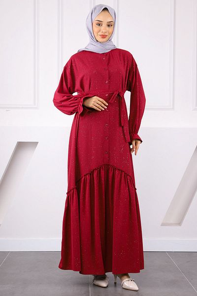 İmajButik Burgundy Skirt Gathered Waist Belted Linda Dress