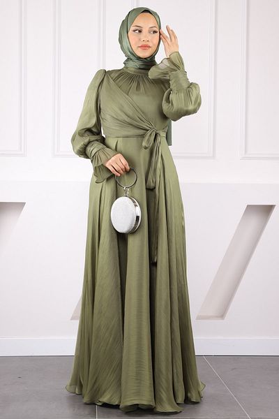 İmajButik Khaki Side Tie Sleeve Detailed Evening Dress