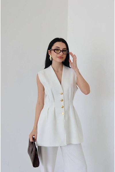 VOLT CLOTHİNG Kadın Belden Oturtmalı Gold Düğme Detaylı Astarlı Yelek Takım