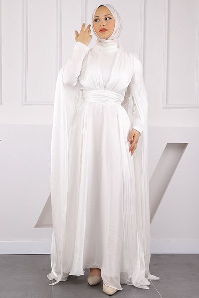 İmajButik Ecru Shoulder Detailed Draped Evening Dress