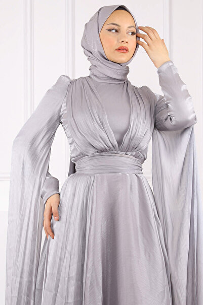 İmajButik Gray Shoulder Detailed Draped Evening Dress
