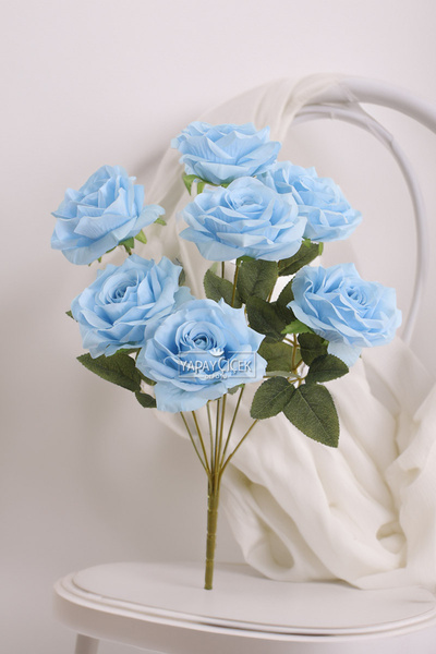 Yapay Çiçek Deposu Yapay Çiçek 7 Dallı Puket Gülü Demeti 40 cm Açık Mavi