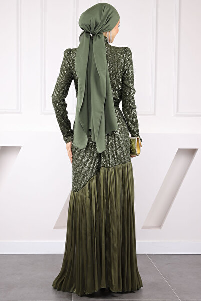 İmajButik Khaki Sequined Skirt Pleated Evening Dress