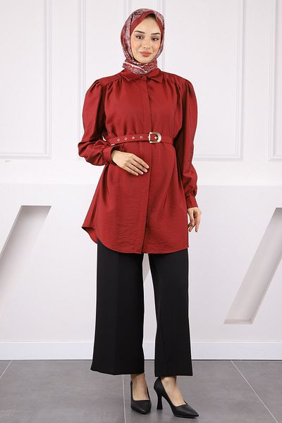 İmajButik Burgundy Belted Modal Tunic