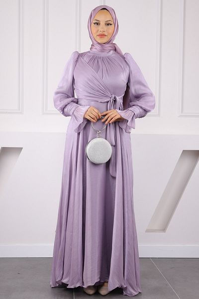 İmajButik Βραδινό φόρεμα λιλά με δεμένο μανίκι