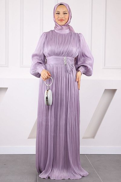İmajButik Βραδινό φόρεμα σιφόν λιλά πλισέ πέτρα