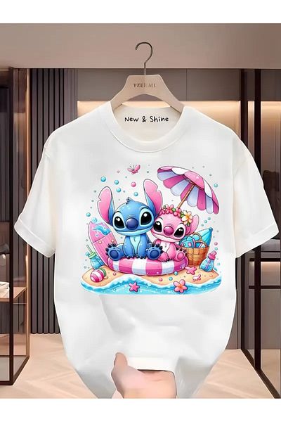 New Shine Stitch and Angel Printed Large Size Oversize T-Shirt