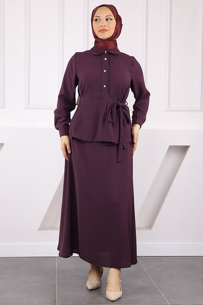 İmajButik Plum Side Tie Shirt Skirt Suit