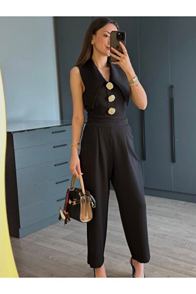 Zera Gold Düğme Detaylı V Yaka Siyah Tulum