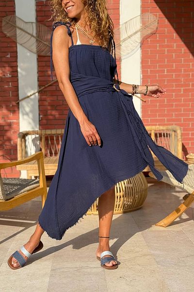 Güneşkızı Navy Blue Strap Asymmetrical Self-Belt Muslin Dress Can Be Casual Woven Skirt 85 60