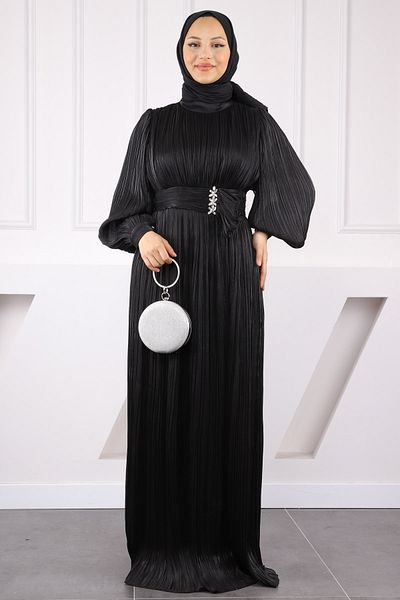 İmajButik Βραδινό φόρεμα σιφόν μαύρο πλισέ πέτρα