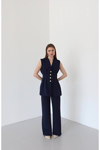 VOLT CLOTHİNG Kadın Belden Oturtmalı Gold Düğme Detaylı Astarlı Yelek Takım