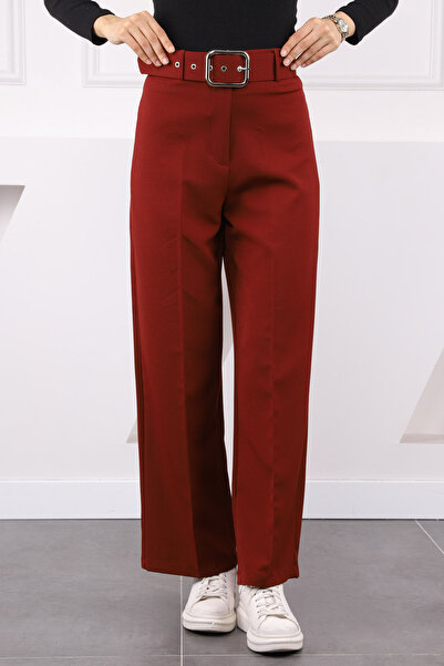 İmajButik Burgundy Wide-Leg Belted Fabric Trousers