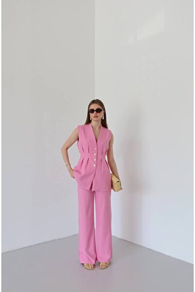 VOLT CLOTHİNG Women's Waist Fitted Gold Button Detailed Lined Vest Set