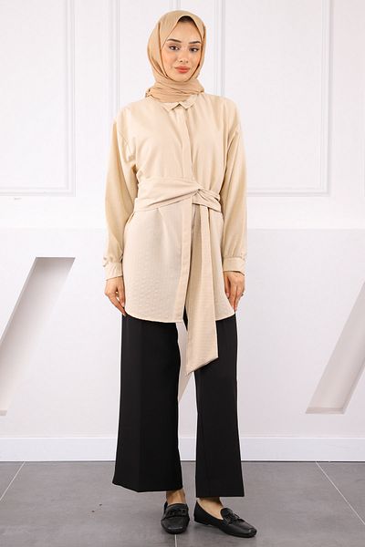 İmajButik Μπεζ ζωσμένο πουκάμισο με λεπτομέρεια ζώνης