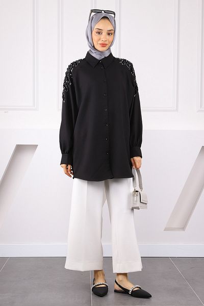 İmajButik Μαύρο πουκάμισο με κουμπιά με παγιέτες