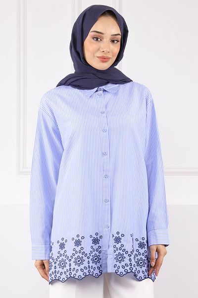 İmajButik Μπλε πουκάμισο με κέντημα με ρίγες