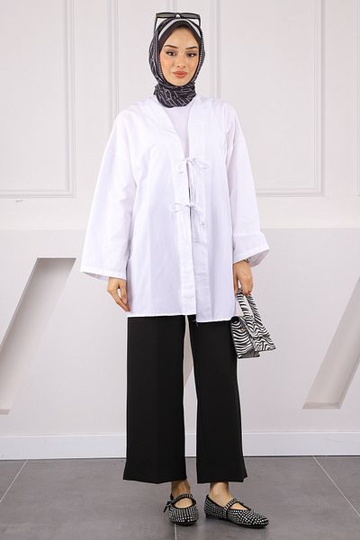 İmajButik Kimono alb cu cravată în față