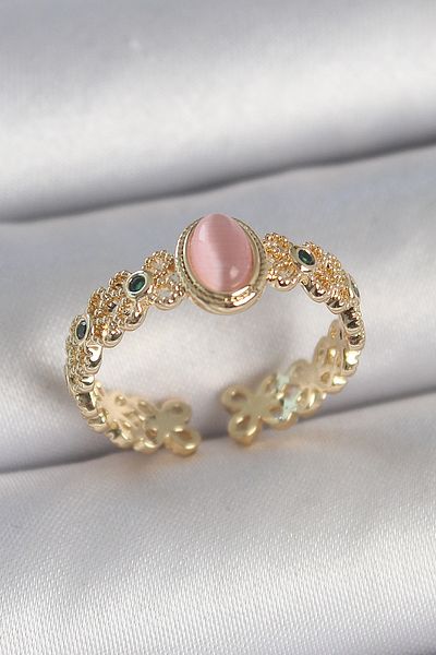 Skygo Brass Gold Color Zircon Stone Detailed Pink Enameled Drop Model Adjustable Women's Ring - Tj-Byk3725