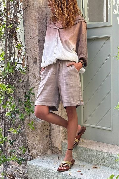 Güneşkızı Mink Pocketed Cuffed Elastic Waist Muslin Loose Woven Shorts 47 36