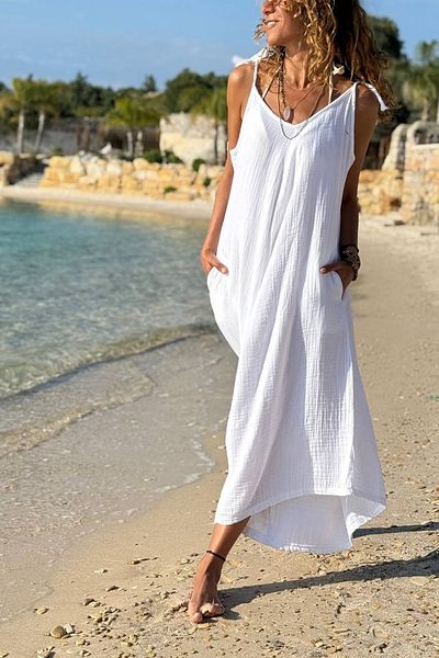 Güneşkızı White Shoulder Tie Pocket Cotton Loose Woven Dress 135 60