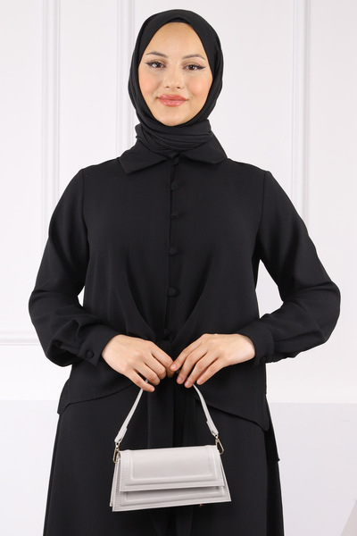 İmajButik Black Front Tie Shirt Skirt Suit