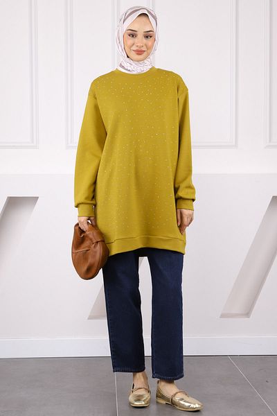 İmajButik Oil Green Crew Neck Stone Modal Tunic