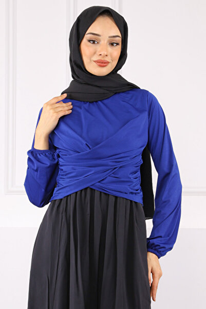 İmajButik Saks Mavi Çapraz Drape Detaylı Sandy Bluz