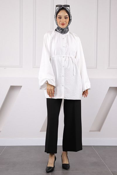 İmajButik Ecru Balloon Sleeve Belted Shirt