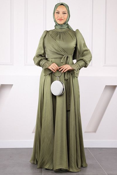 İmajButik Khaki Side Tie Sleeve Detailed Evening Dress