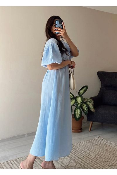 disponible Women's V-Neck Blue Muslin Fabric Short Sleeve Dress