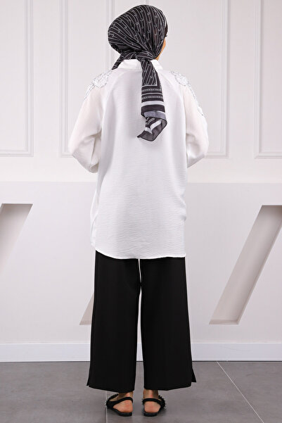 İmajButik Ecru Sequin Embroidered Buttoned Shirt