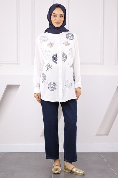 İmajButik Ecru Embroidered Shirt