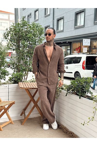 manch collection Washed Muslin Shirt Pants Suit Coffee