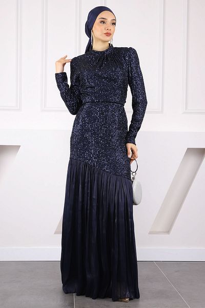 İmajButik Navy Blue Sequined Skirt Pleated Evening Dress