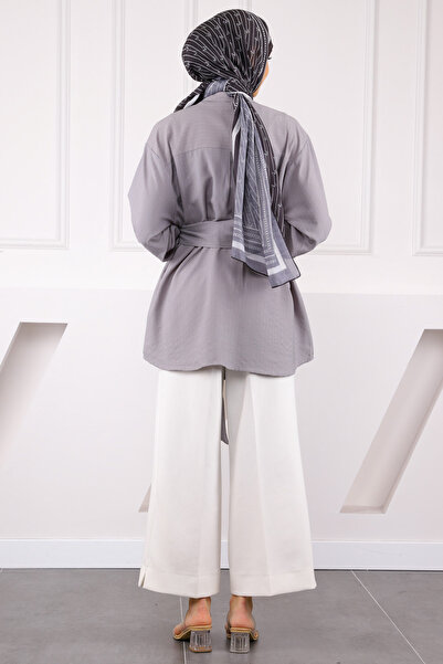 İmajButik Gray Belt Detailed Wrap Shirt