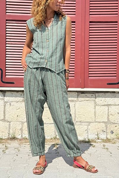 Güneşkızı Khaki Striped Washed Elastic and Tie Waist Pipe Leg Loose Woven Trousers 0 0