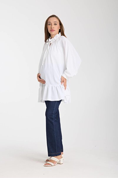 Işşıl Işşil 50837-Ruffled Collar Layered Skirt Owersize Maternity Blouse-Tunic