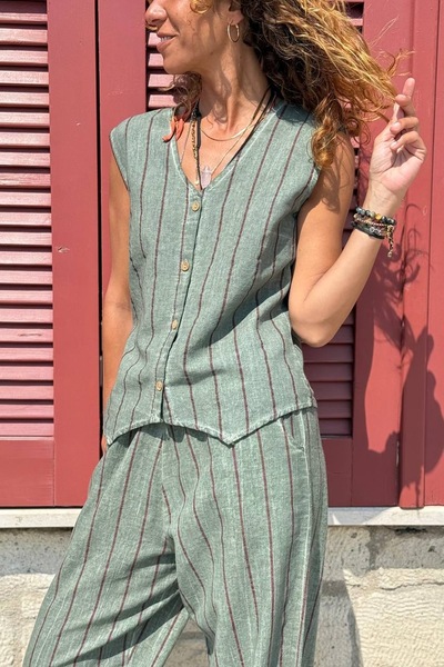 Güneşkızı Khaki V-Neck Sleeveless Striped Button Washed Woven Vest 60 48