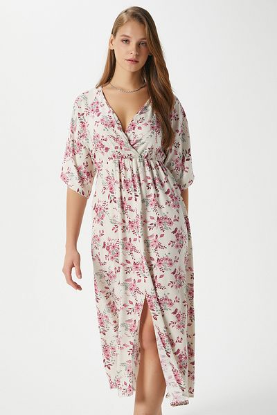 Ritnice Rochie de vară din viscoză cu talie elastică cu flori Katy roz pentru femei