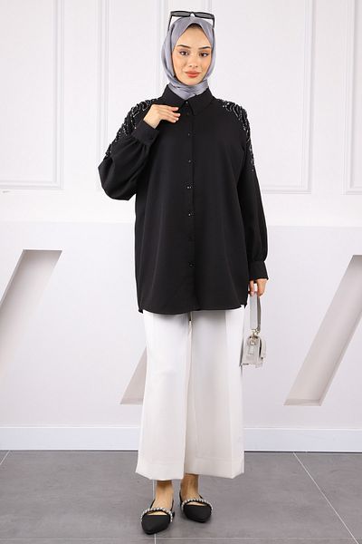 İmajButik Μαύρο πουκάμισο με κουμπιά με παγιέτες