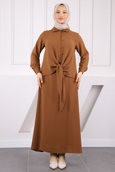 İmajButik Brown Front Tie Shirt Skirt Suit