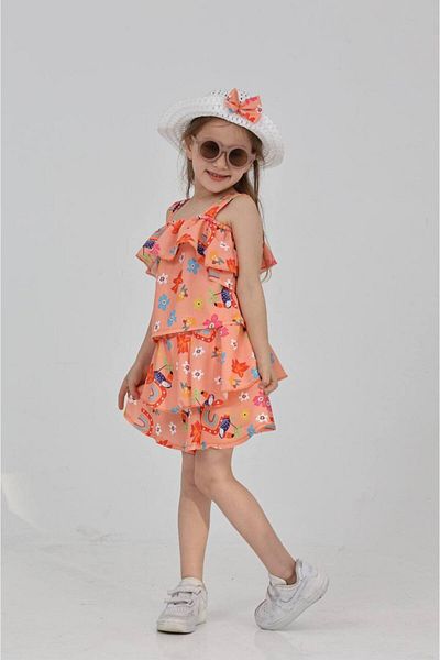 ARBİ kids Girl's Katkat Straw Hat with Straps, Double Summer Vacation Suit