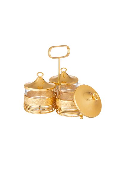 Dania Elegantly designed 3-compartment gold stand for dates, sweets and nuts